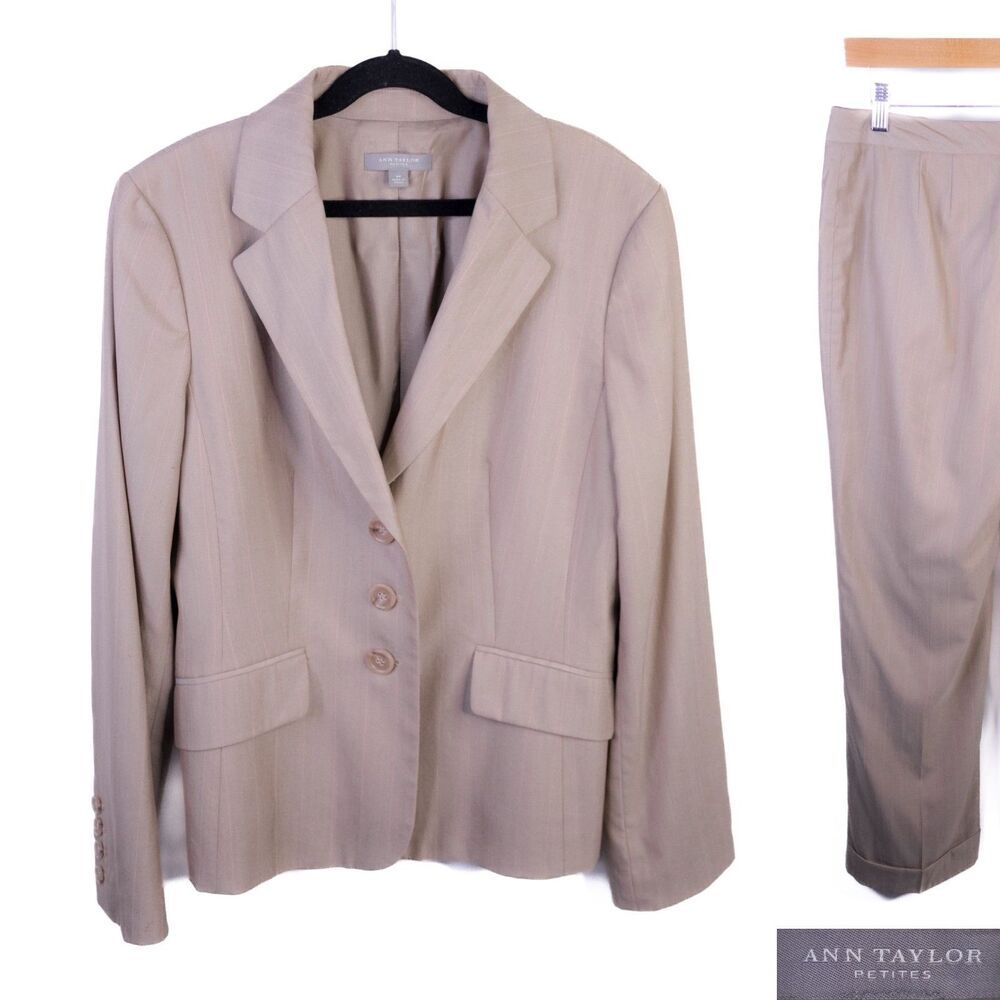 Ann Taylor 2-Pcs Striped Beige Wool Suit Blazer Sz 8P Pants 8P 34x29